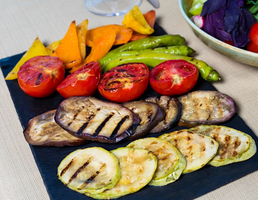 Chargrilled eggplant, zucchini and peppers arranged on a slate board