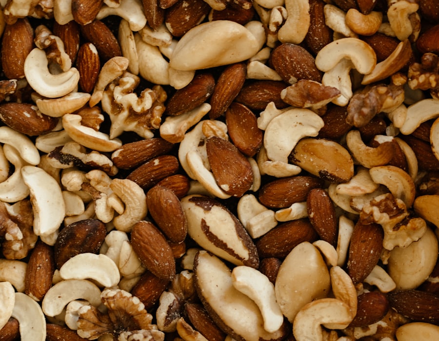 A close view of mixed nuts including almonds and cashews